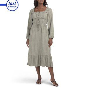 IN FEBRUARY Olive Square Neck Textured Midi Dress With Front Ribbon Tie